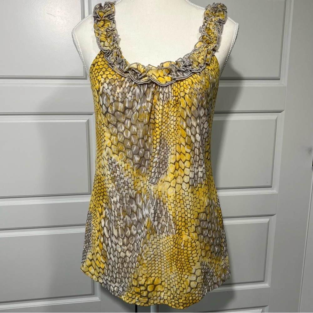 INC Snakeskin Print‎ Tank Top Ruffle Neck Sleeveless Yellow Gray Small